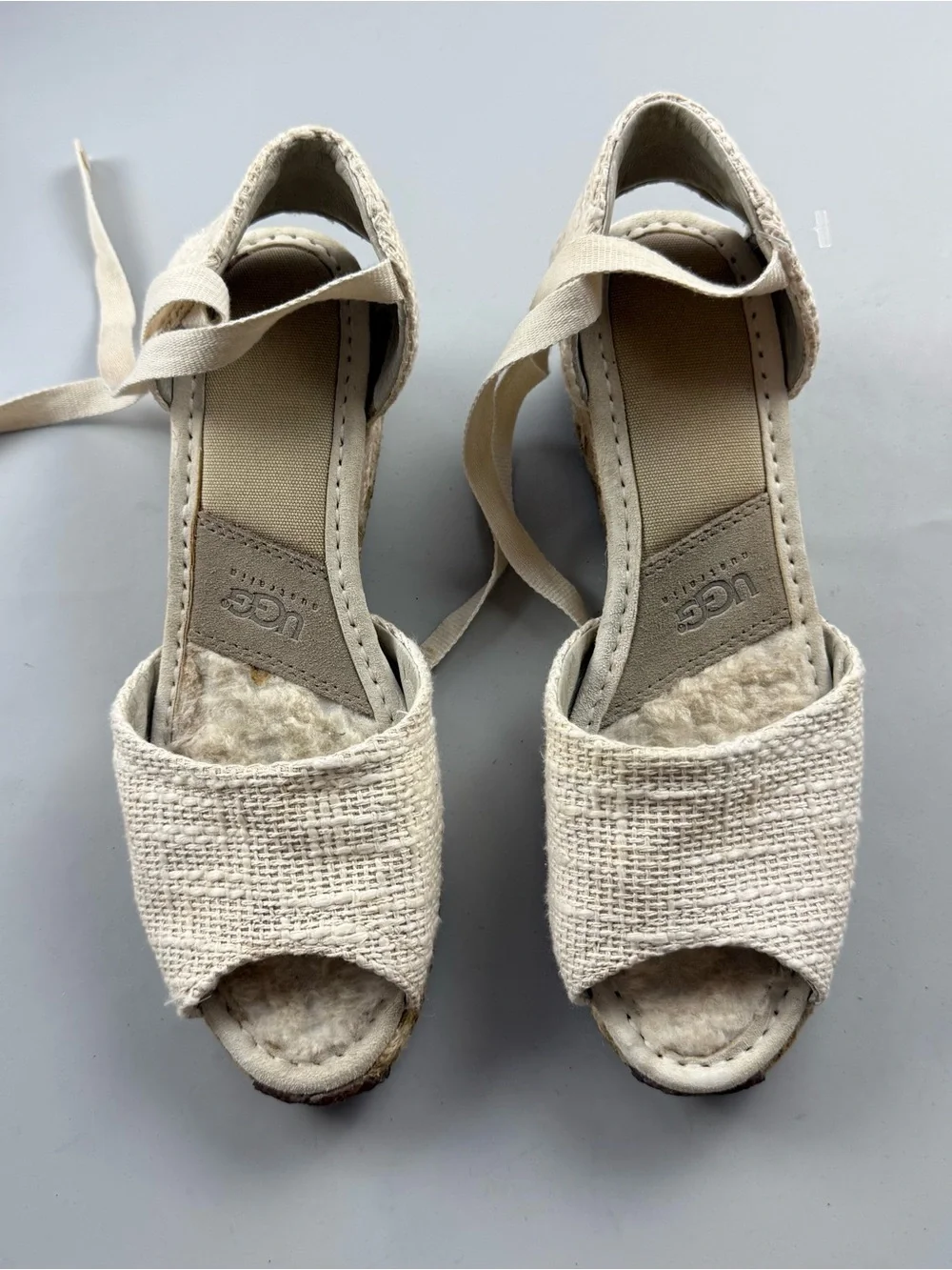 UGG Mar Women’s Espadrille Wedge Sheepskin Sandals Cream Ankle Tie Size 9 Boho